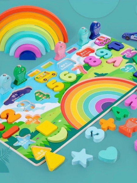 Joc educativ din lemn 5 in 1, curcubeu, vehicule, cifre, forme geometrice, semne aritmetice, + 3 ani