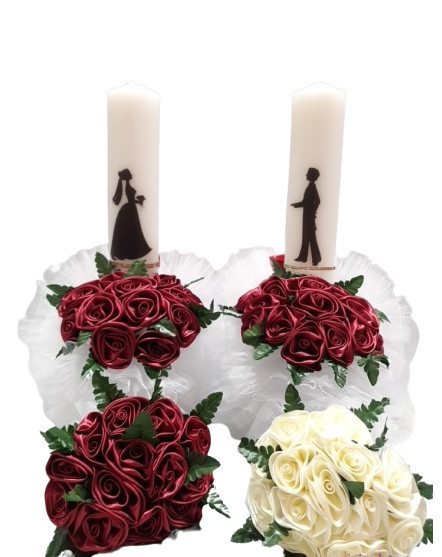 Set de lumanari si buchete pentru nunta, Trandafiri saten burgundy/ivoire, en gros