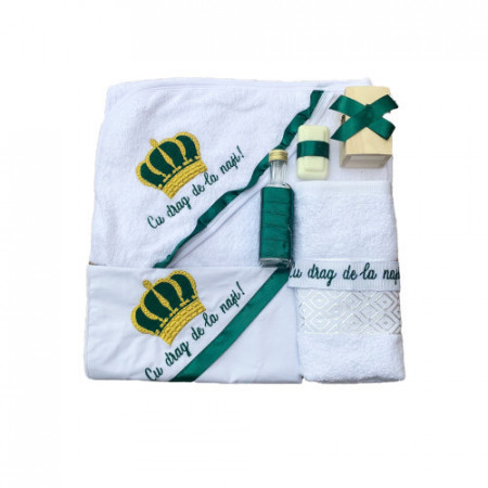 Trusou Botez cu broderie coroană Prinț, 7 Piese, Alb/Verde smarald, en gros