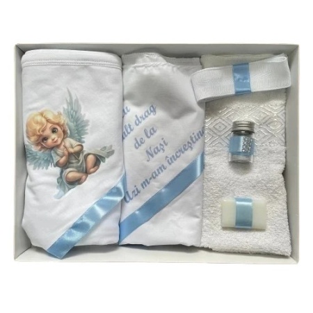 Trusou de botez, 6 piese Ingeras blond, imprimat, bleu, en gros