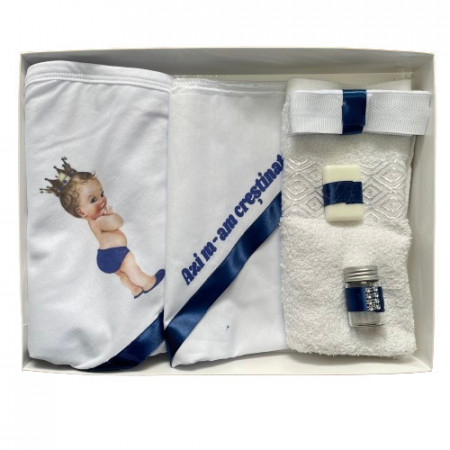 Trusou de botez, 6 piese Printul bebelus. imprimat ,bleumarin