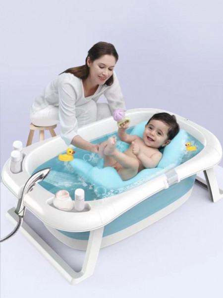 Cadita bebe cu suport anatomic, pliabila, cu scurgere si termometru senzorial, 83*50*20 cm, turquaz
