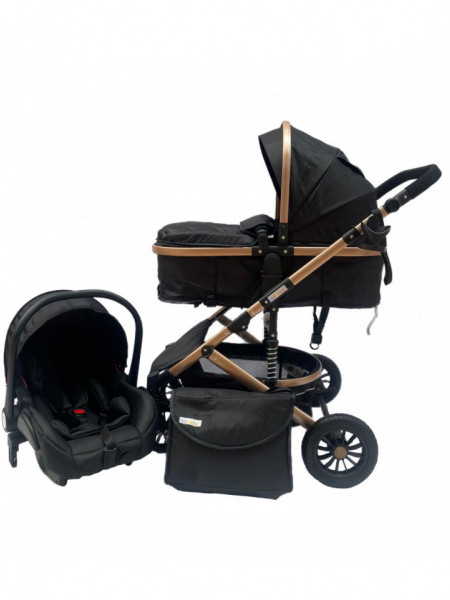 Carucior 3 in 1, maner reversibil, cadru aluminiu foarte usor,suspensii pe roata, T2-G, negru
