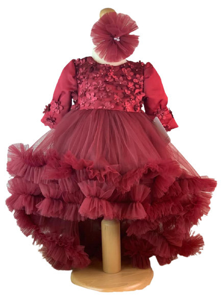 Rochita Printesa, pentru botez sau turta, 2 trene, 3-8 ani, burgundy, engros