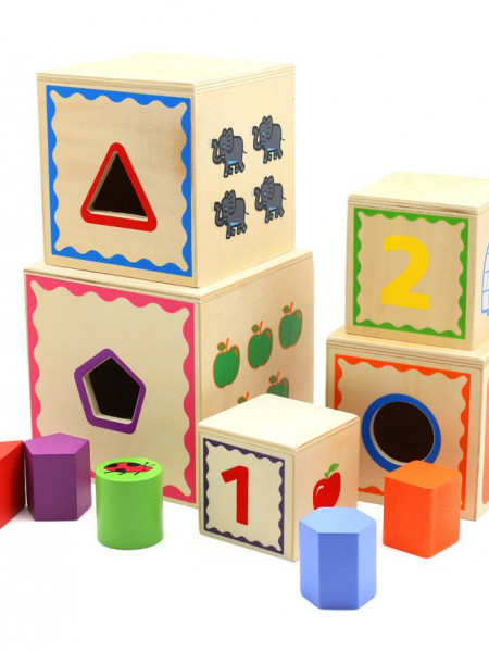Sortator Montessori din lemn 5 cuburi cifre si forme