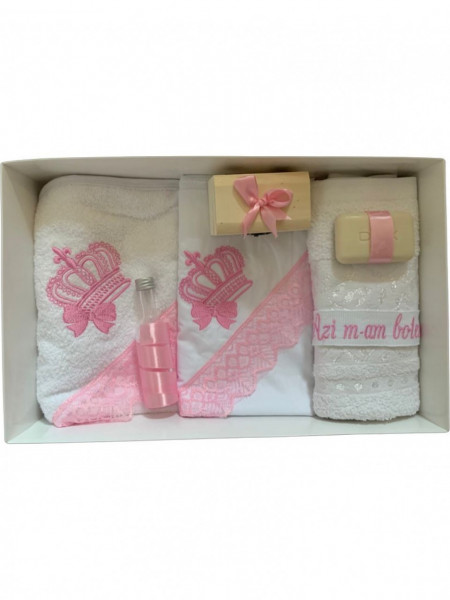 Trusou Botez cu Broderie Coroana cu funda, 7 piese roz, en gros
