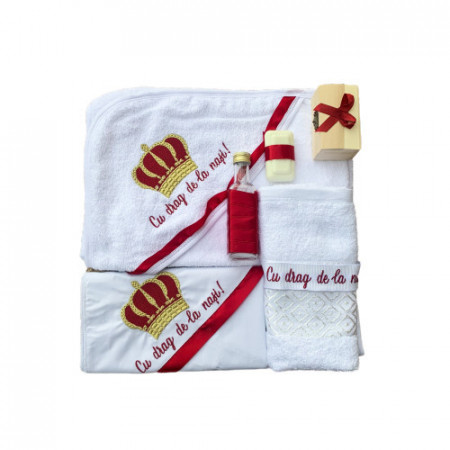 Trusou Botez cu broderie coroană Prinț, 7 Piese, Alb/Bordo, en gros