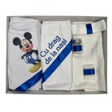 Trusou de botez, 6 piese Mickey, imprimat, albastru