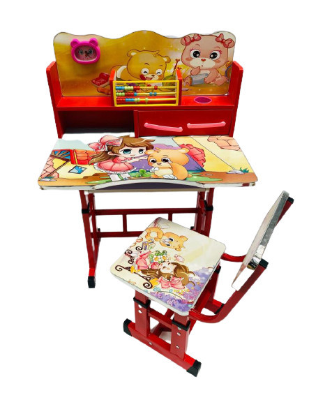 Birou cu scaun pentru copii, reglabile, cadru metalic si lemn,urs