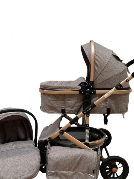 Carucior bebe, 3 in 1, lansou reversibil, cadru aluminiu, foarte usor, suspensii pe roti, T2,, crem