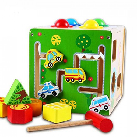 Cub lemn multifunctional 5 in 1 cu ciocanel si bile