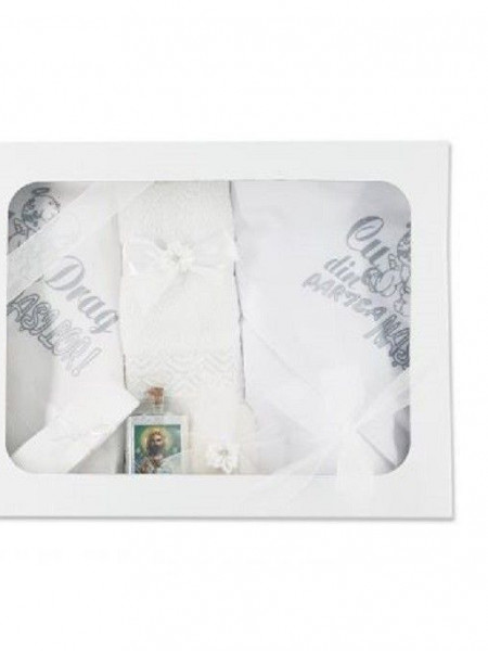 Set trusou botez, 6 piese, alb/argintiu