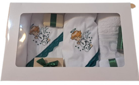 Trusou botez 7 piese, broderie Ingeras, verde