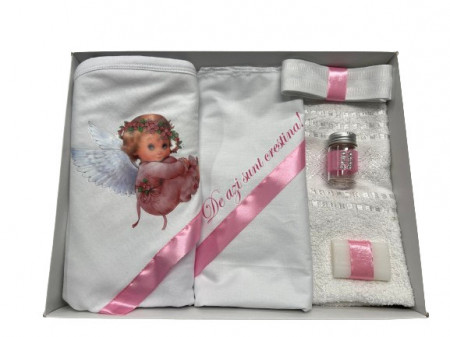 Trusou de botez, 6 piese,Ingeras fetita, roz pudra, imprimat, en gros