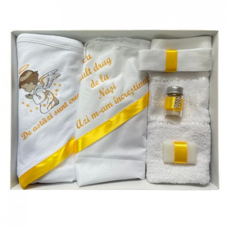 Trusou de botez, 6 piese Ingeras imprimat, galben