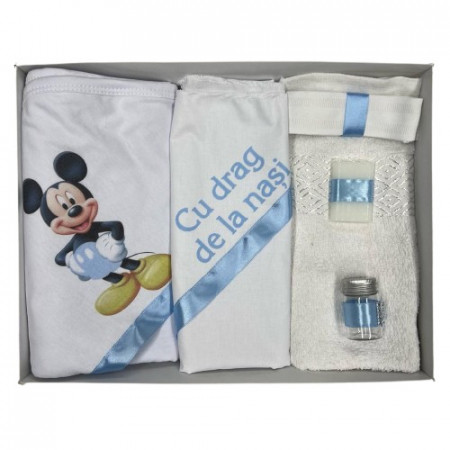 Trusou de botez, 6 piese Mickey, imprimat, bleu