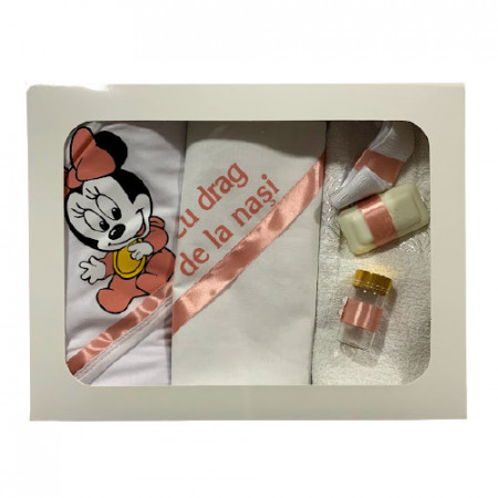 Trusou pentru botez,cu broderie,Minnie Mouse,alb-roz pudrat,6 piese