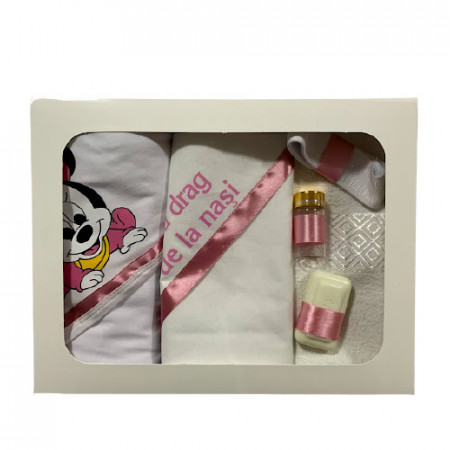 Trusou pentru botez, Minnie Mouse,alb-roz,6 piese