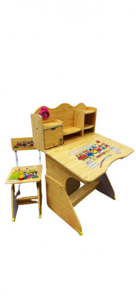 Birou A02 din lemn cu scaun pentru copii, reglabil, cu rafturi, cutie depozitare, ceas