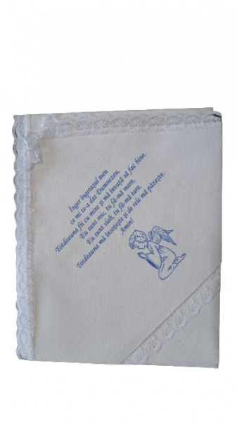 Crasma de botez imprimata, imprimeu albastru, alba, 80*100 cm