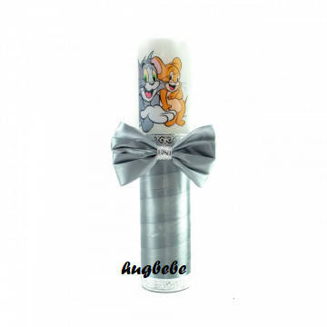 Lumanare botez cu panglica gri si funda- Tom si Jerry