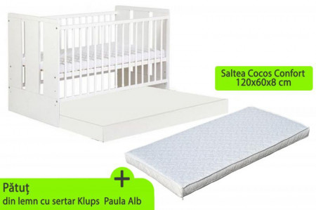 Patut cu sertar KLUPS Paula Alb + Saltea 8 MyKids Confort II