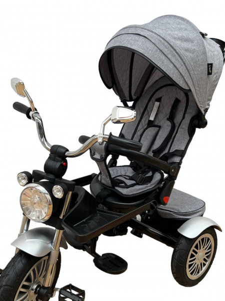 Tricicleta copii ,cu pozitie de somn, scaun rotativ, roti cauciuc, muzica si lumini, SL03, gri