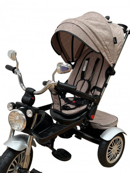 Tricicleta copii ,cu pozitie de somn, scaun rotativ, roti cauciuc, muzica si lumini, SL03, crem