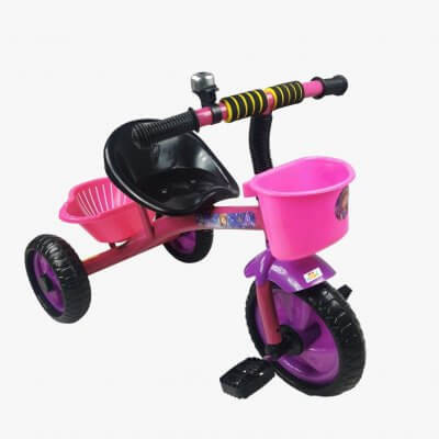 Tricicleta cu pedale, aliaj metalic, 2 cosuri, ghidon ajustabil, roz,3-5 ani