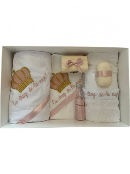 Trusou Botez cu Broderie Coroana cu mesaj, 7 piese, roz/auriu, en gros