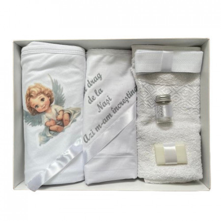 Trusou de botez, 6 piese Baby Ingeras imprimat, alb