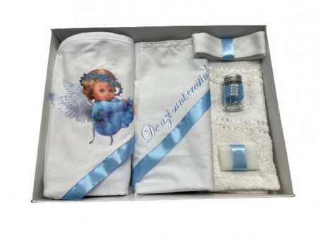 Trusou de botez, 6 piese,Ingeras baietel, bleu, imprimat, en gros