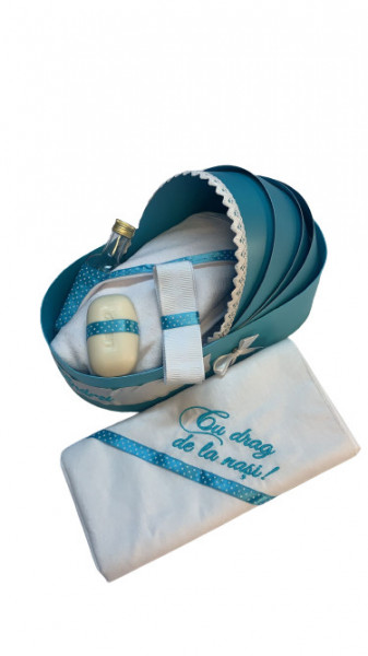 Trusou de botez, in cutie landou, cu personalizare, turquaz