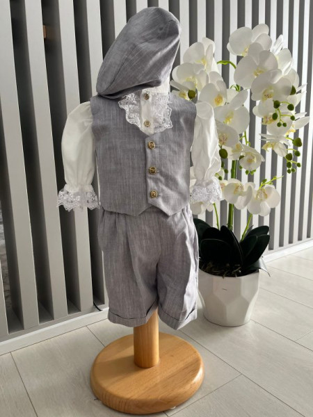 Costum elegant pentru ocazii speciale, cu pantaloni3/4 si vestuta , 0-12 luni, gri