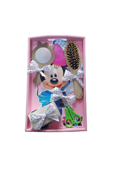 Set 5 piese tavita de mot roz, Minnie, fundita alb cu rosu