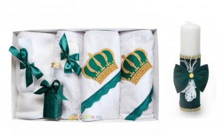 Set lumanare si trusou, Coroana plina, verde smarald