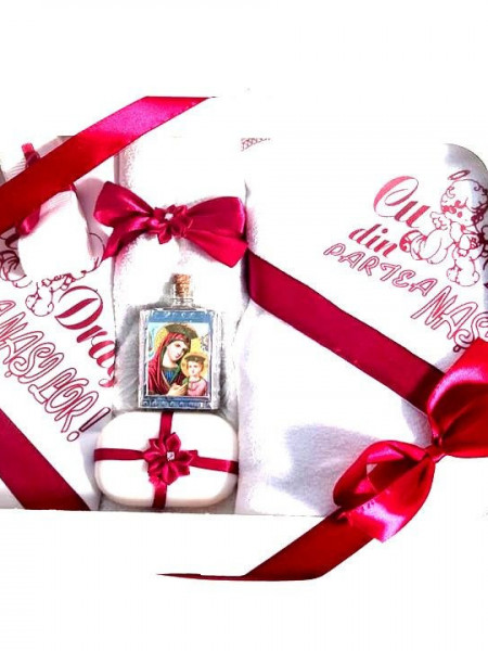 Set trusou pentru botez, 6 piese, alb/visiniu
