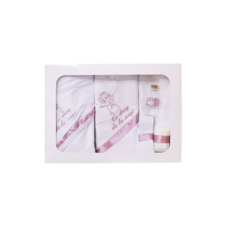 Trusou brodat pentru botez, 6 piese, alb/roz pudrat