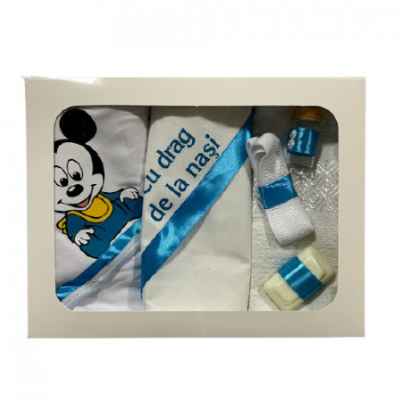 Trusou pentru botez,cu broderie,Mickey Mouse,alb-bleu,6 piese