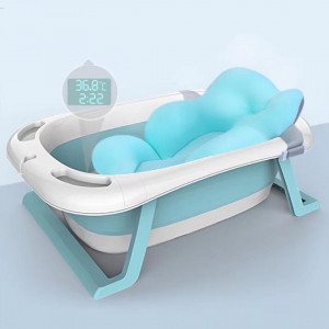 Cadita bebe cu suport anatomic, pliabila, cu scurgere si termometru senzorial, 83*50*20 cm, turquaz - Img 5