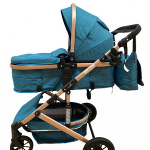Carucior 2 in 1, bebe, cu landou tranformabil si reversibil, roti cu spuma siliconata, geanta cadou, T7,verde inchis - Img 6