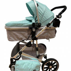 Carucior 2 in1, pentru bebelusi, cu landou reversibil, cadru aluminiu si geanta cadou, T1, verde deschis