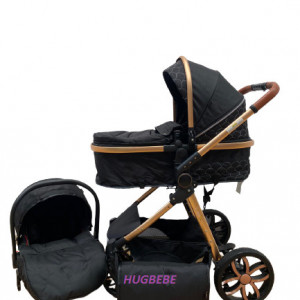 Carucior bebe 3 in 1, cu landou reversibil, suspensii pe roata si pe cadru, T9, negru