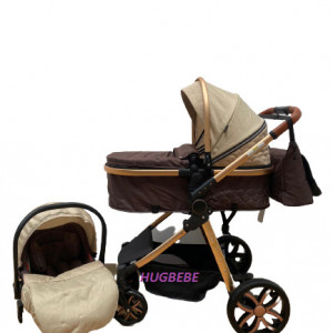 Carucior bebe 3 in 1, cu landou reversibil, suspensii pe roata si pe cadru, T9, crem