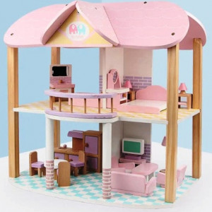 Casuta pentru papusi,  din lemn, cu 4 seturi de mobilier