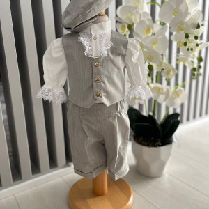 Costum elegant pentru ocazii speciale, cu pantaloni3/4 si vestuta , 0-12 luni, gri deschis - Img 2
