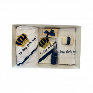 Trusou Botez cu Broderie Coroana cu mesaj, 7 piese, bleumarin/auriu, en gros