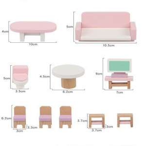 Casuta pentru papusi,  din lemn, cu 4 seturi de mobilier