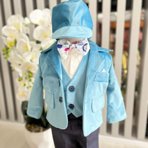 Costum elegant baieti, pentru botez, cu sacou catifea, bleu 0-9 luni, en gros - Img 3