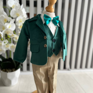 Costum elegant baieti, pentru botez, cu sacou catifea, verde, 0-9 luni, en gros - Img 1